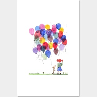 Girl with balloons whimsical watercolor illustration Posters and Art